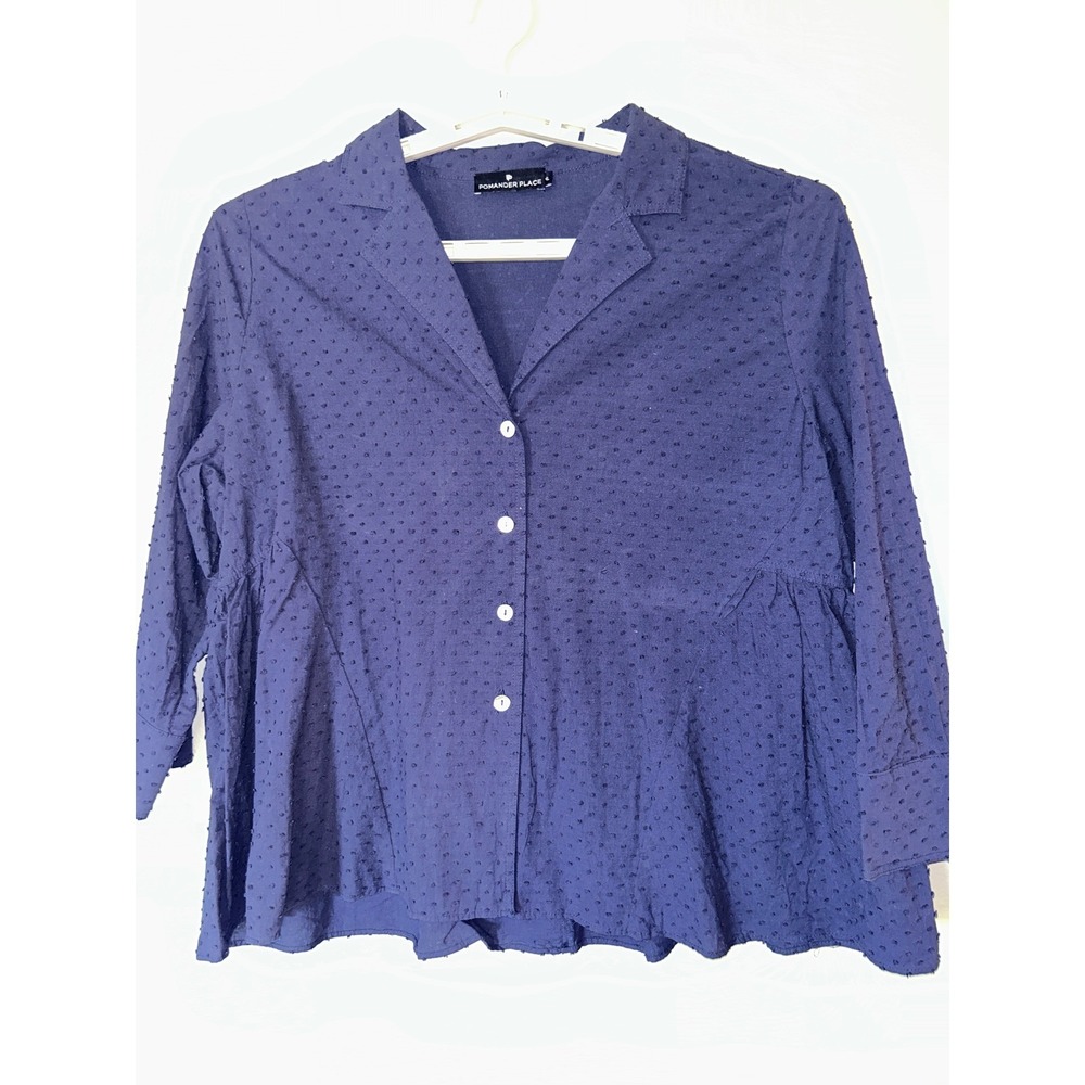 Pomander Place Peplum Blouse Women Size XL Navy Swiss Dot Cotton Cottagecore
